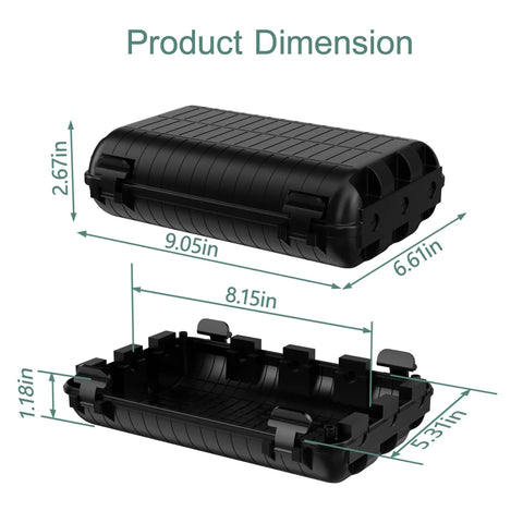 Rugged Weatherproof Outdoor Electrical Box With 9 Cable Entry Ports IP54 Waterproof Cord Cover, product dimensions shown.