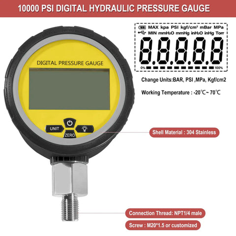 Heavy Duty Hydraulic Pressure Gauge Digital Display 10000 PSI 700 BAR With 1/4 Inch NPT Connector and 304 Stainless Shell