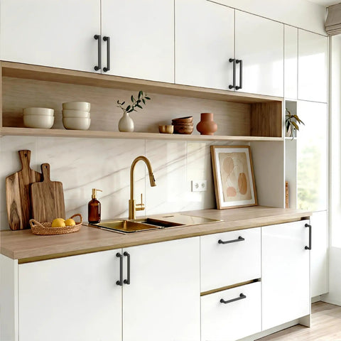 Matte Black Cabinet Pulls Set of 10, 5 Inch 128mm Zinc Alloy Drawer Handles on white kitchen cabinets