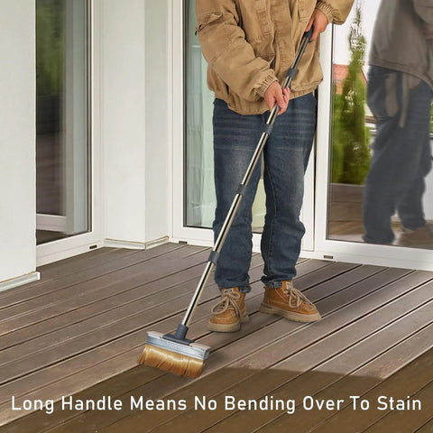 Person using Long Handle Deck Stain Brush Applicator With 7 Inch Wide Brush For Stains Paints And Sealer On Outdoor Wood Deck