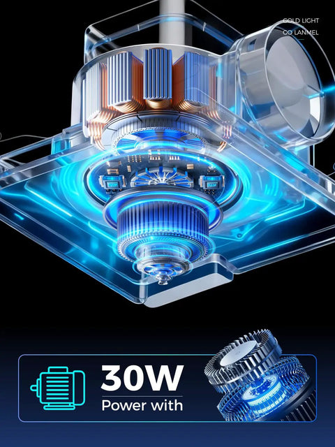 Sleek Ten Inch Ceiling Ventilation Fan With Built In Light Smooth Bath Exhaust Unit Designed To Quickly Whip Out Moisture And Stale Air Delivering Low Key Quiet Tech Alongside Soft Glow Bulbs For Everyday Home Use showcasing 30W power motor with blue lighting effects.