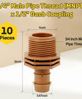 PVC To Drip Irrigation Adapter Three Quarter Inch Male Pipe Thread To One Half Inch Barbed Coupling For Drip Line And Threaded Hose Fittings Pack Of Ten Easy Install, 10-piece 3/4" MNPT to 1/2" barb PVC adapter