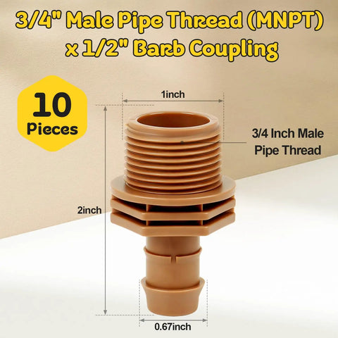 PVC To Drip Irrigation Adapter Three Quarter Inch Male Pipe Thread To One Half Inch Barbed Coupling For Drip Line And Threaded Hose Fittings Pack Of Ten Easy Install, 10-piece 3/4" MNPT to 1/2" barb PVC adapter
