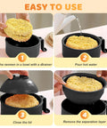 Using the New 3 In 1 Microwave Ramen Cooker Bowl With Lid, steps for cooking noodles, demonstrating strainer and lid functions in black.