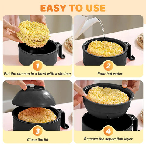 Using the New 3 In 1 Microwave Ramen Cooker Bowl With Lid, steps for cooking noodles, demonstrating strainer and lid functions in black.