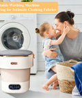 No Sweat Portable Washing Machine With Spin Basket 20 Liter Mini Washer in use for delicate clothing near a mother and child.