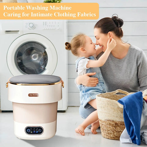 No Sweat Portable Washing Machine With Spin Basket 20 Liter Mini Washer in use for delicate clothing near a mother and child.