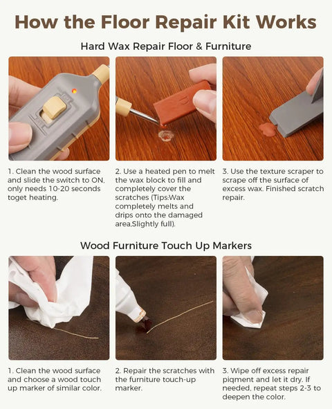 No Sweat Touch Up Kit For Scratches Cracks Dents Stains On Laminate Vinyl Hardwood Floors Or Wooden Furniture instructional steps.
