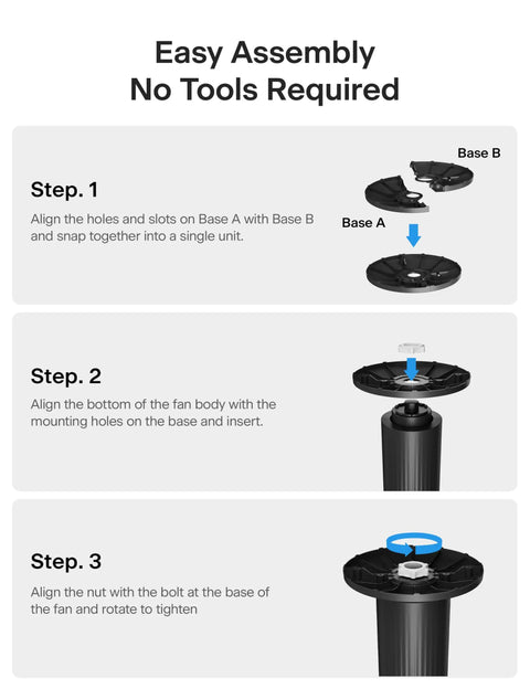Assembly instructions for 30 Inch Oscillating Tower Fan For Bedroom With Remote Control Quiet 3 Speed Settings ETL Certified Black 7 Hour Timer. Step-by-step guide to assembling fan base with no tools needed.