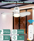 Portable Outdoor Ceiling Fan With Battery Power And Bright LED Light Silent Remote Control Canopy Breeze Maker installed in a modern patio.
