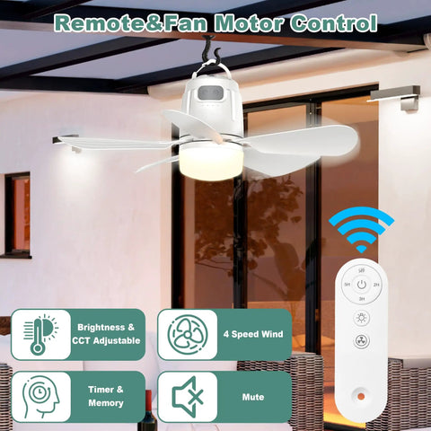 Portable Outdoor Ceiling Fan With Battery Power And Bright LED Light Silent Remote Control Canopy Breeze Maker installed in a modern patio.