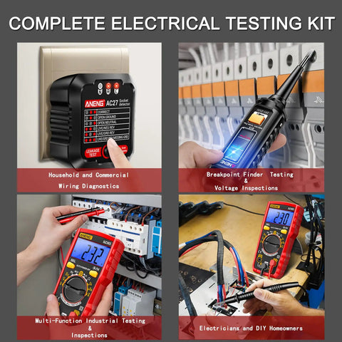 Pro Grade All In One Electrical Testing Kit With Digital Multimeter Non Contact Voltage Tester And Outlet Tester For Home DIY Use Auto Ranging AC DC Voltage Current Continuity Resistance And Frequency Breakpoint Finder displayed in use