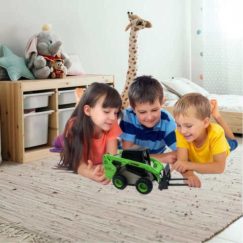Children playing with Three In One Skid Steer Loader Construction Toys Set One Fifty Scale Diecast Site Loader on carpeted floor