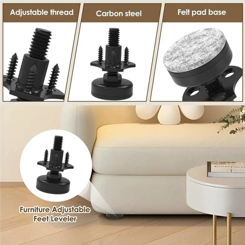 Adjustable Furniture Leg Levelers Set 12 Pieces for tables chairs cabinets sofas and desks with precision threaded feet close-up