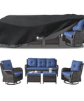Waterproof 600D Heavy Duty Outdoor Furniture Cover for 6 To 8 Piece Patio Sets Including Sectional Sofa Chairs Ottomans and Coffee Table 111L 74W 28H Inches Black All Weather Protection draped over patio furniture.