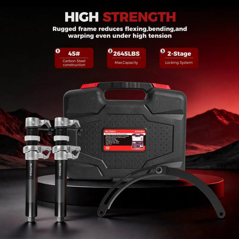 2-Piece Coil Spring Compressor Kit With Double Retention Anti-Drop System in front of carrying case, 2645 Lbs capacity shown.