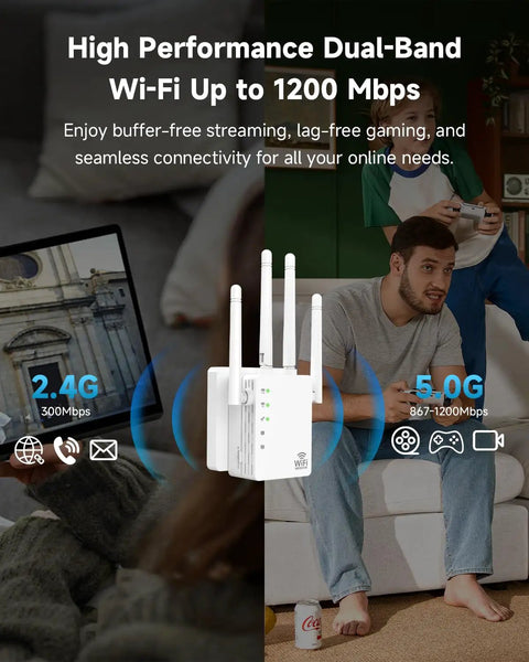 1200Mbps Dual Band WiFi Extender Boost for Fast Streaming and Gaming, 360 Degree Coverage Up to 12880 Sq Ft, Supports 105 Devices