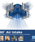 Heavy Duty Shop Air Filtration System Pulling 1350 CFM With A Killer 360 Degree Vortex Fan And Smart Timer Plus Remote Control For Woodworking Garage Dust Collection Rig hanging in a workshop