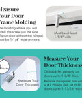 Installation guide for 2 Pack Child Safety Door Top Lock For Interior And Exterior Doors Locks, showing door frame measurements and spacer bar use.
