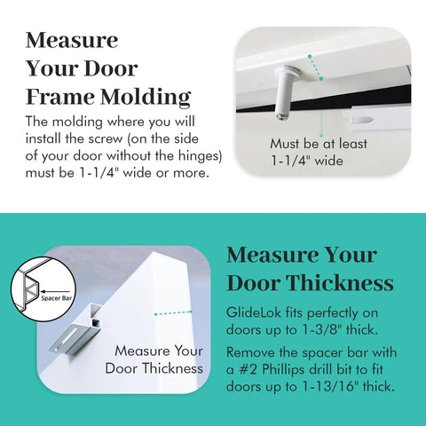 Installation guide for 2 Pack Child Safety Door Top Lock For Interior And Exterior Doors Locks, showing door frame measurements and spacer bar use.