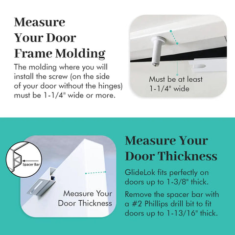 Instructional image on measuring door frame molding and thickness for Straight Up Secure Metal Child Safety Door Lock for Ultimate Home Security.