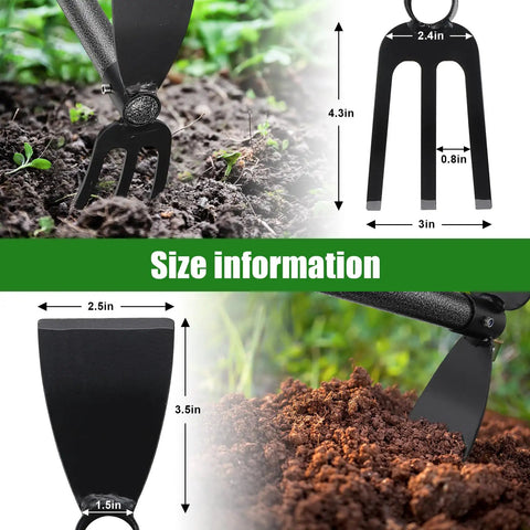 Two-In-One Garden Hoe Tool With Cultivator Rake And 45-Inch Handle For No-Fuss Weeding And Soil Prep, showing size info
