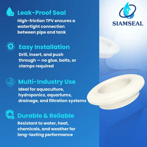 Leak-proof 3/4 inch bulkhead fitting with SIAMSEAL logo, ideal for aquaculture and hydroponics, easy installation, durable TPV material.