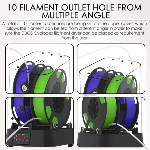 Filament Dryer And Dry Box For 3D Printers With Fan, showing 10 filament exit holes, compatible with 1.75mm to 3.00mm filaments.