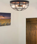 Industrial Farmhouse 18 Inch Five Light Cage Flush Mount Ceiling Light Dope Barn Vibe With Oil Rubbed Bronze Finish And Antique Brass Sockets