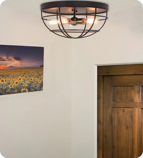 Industrial Farmhouse 18 Inch Five Light Cage Flush Mount Ceiling Light Dope Barn Vibe With Oil Rubbed Bronze Finish And Antique Brass Sockets