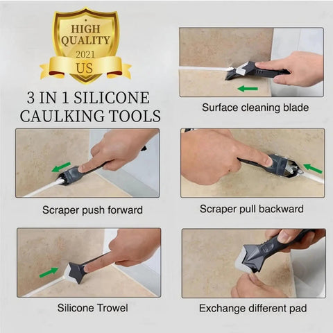 Three In One Caulking Tool With Stainless Steel Head for glass glue scraping and sealant removal in kitchen and bathroom use