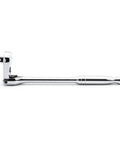 Side view of 3/8 Inch Drive 84-Tooth Locking Flex Head Teardrop Ratchet, 11-1/2 Inch Handle, chrome finish, enclosed head visible