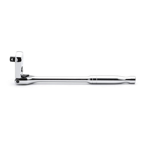 Side view of 3/8 Inch Drive 84-Tooth Locking Flex Head Teardrop Ratchet, 11-1/2 Inch Handle, chrome finish, enclosed head visible