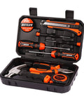 Open toolbox showing All In One 14 Piece Home And Auto Repair Tool Set With Hammer, Pliers, Screwdrivers, Tape Measure And Sturdy Toolbox Case For DIYers And Handymen, Built With Chrome Vanadium Steel And TPR Grip For Tough Jobs.