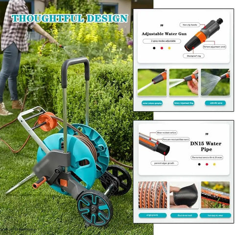 Mobile Garden Hose Reel With Smooth Rolling Wheels And Foldable Handle Heavy Duty Water Hose Cart For Backyard Irrigation Includes Forty Meter Pipe, featuring adjustable water gun and durable design.