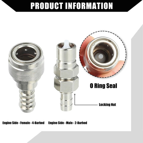 Five Sixteenth Inch Plug And Play Boat Fuel Connector Set with male and female sockets and locking nut, stainless steel set.