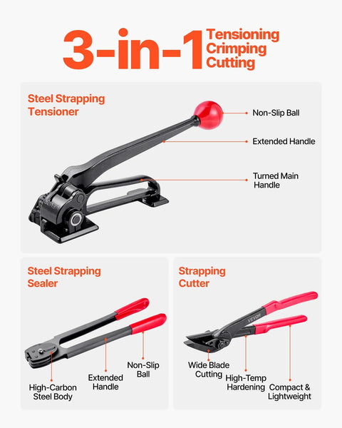 Beefy Heavy Duty Steel Banding Strapping Kit with strapping tensioner, sealer, and cutter for industrial bundling and packaging.