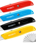 Beefy Heavy Duty Aluminum Box Cutter Knife Set, 4 Pack Retractable Utility Knives With Ergonomic Long Handles And Plus 10 Extra Blades