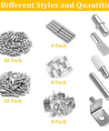 Premium Nickel Shelf Pegs Kit with 124 pieces showing 5 styles including L-shaped dowel pins and spoon holders.