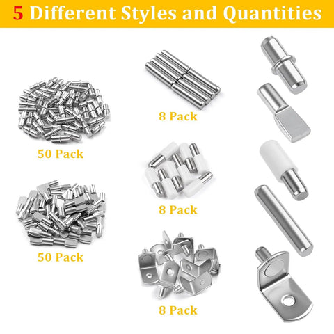 Premium Nickel Shelf Pegs Kit with 124 pieces showing 5 styles including L-shaped dowel pins and spoon holders.