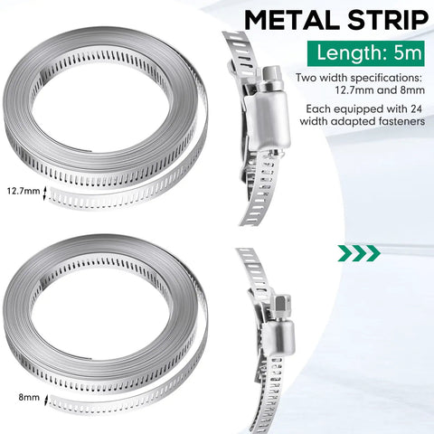 Hose Clamp Kit With Stainless Steel Worm Gear Straps And Holes, 32.8 Ft Total Length, two strap widths shown
