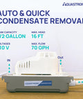 Automatic Condensate Pump For HVAC With Safety Switch, 115V, 70 GPH, 16 Ft Lift, shown with tank capacity and flow details on side view