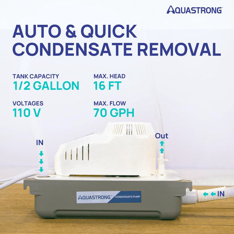 Automatic Condensate Pump For HVAC With Safety Switch, 115V, 70 GPH, 16 Ft Lift, shown with tank capacity and flow details on side view