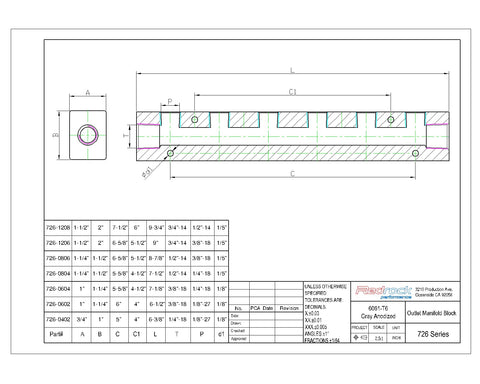 Technical drawing of Six Way Eight Port Air Compressor Manifold Inline Hose Distribution Block Splitter for Pneumatic Systems