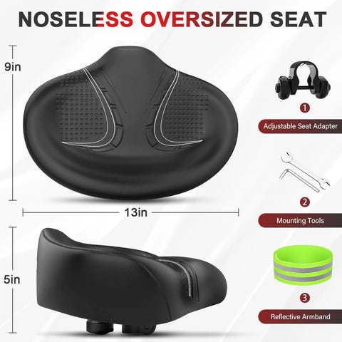 Noseless Oversized Bike Seat With Backrest for Electric and Stationary Bikes Extra Wide 13x9 Inch Cushion 7cm Foam No Nose Design for Ultra Comfy Ride Fits Most Road Bikes and Exercise Bikes Great for Men and Women black seat, 13x9 in
