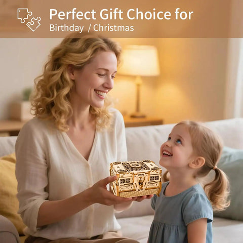 Mother and child holding 3D Wooden Puzzle Treasure Box With Moving Drawers And Mechanical Gears, DIY Model Kit For Adults And Kids
