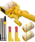 No Sweat Paint Roller Set With Adjustable Extension Pole And Two Spare Covers For Crisp Ceiling Lines And Smooth Wall Coats Comes With Splash Guard Tray; yellow roller frame and two spare covers.