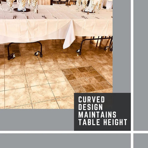 Heavy Duty Folding Table Casters With Steel And Rubber Wheels 4 Pack Locking Casters shown on banquet tables.