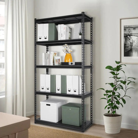 Super Heavy Duty Five Tier Adjustable Storage Shelves Built Like A Tank For Garage And Warehouse Organization, No Sweat Tool Free Assembly, Real Deal Powder Coated Steel Shelving Unit For Effortless Home Organization Setup