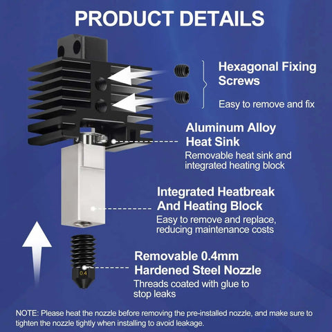 Detail view of 2 Pack Beefed-Up Hotend Kit for P1P P1S 3D Printer Upgrade with Hardened Steel Nozzle 0.4mm and aluminum heat sink.